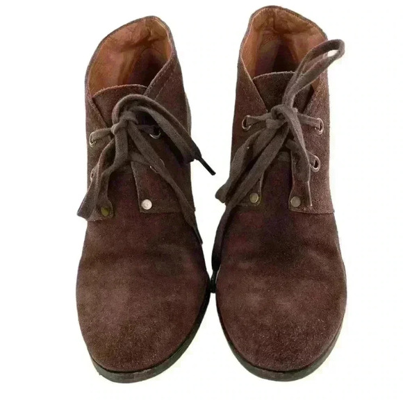 Lucky brand sway ankle booties size 7.5 37.5 chocolate brown suede wedge boots - Picture 2 of 13